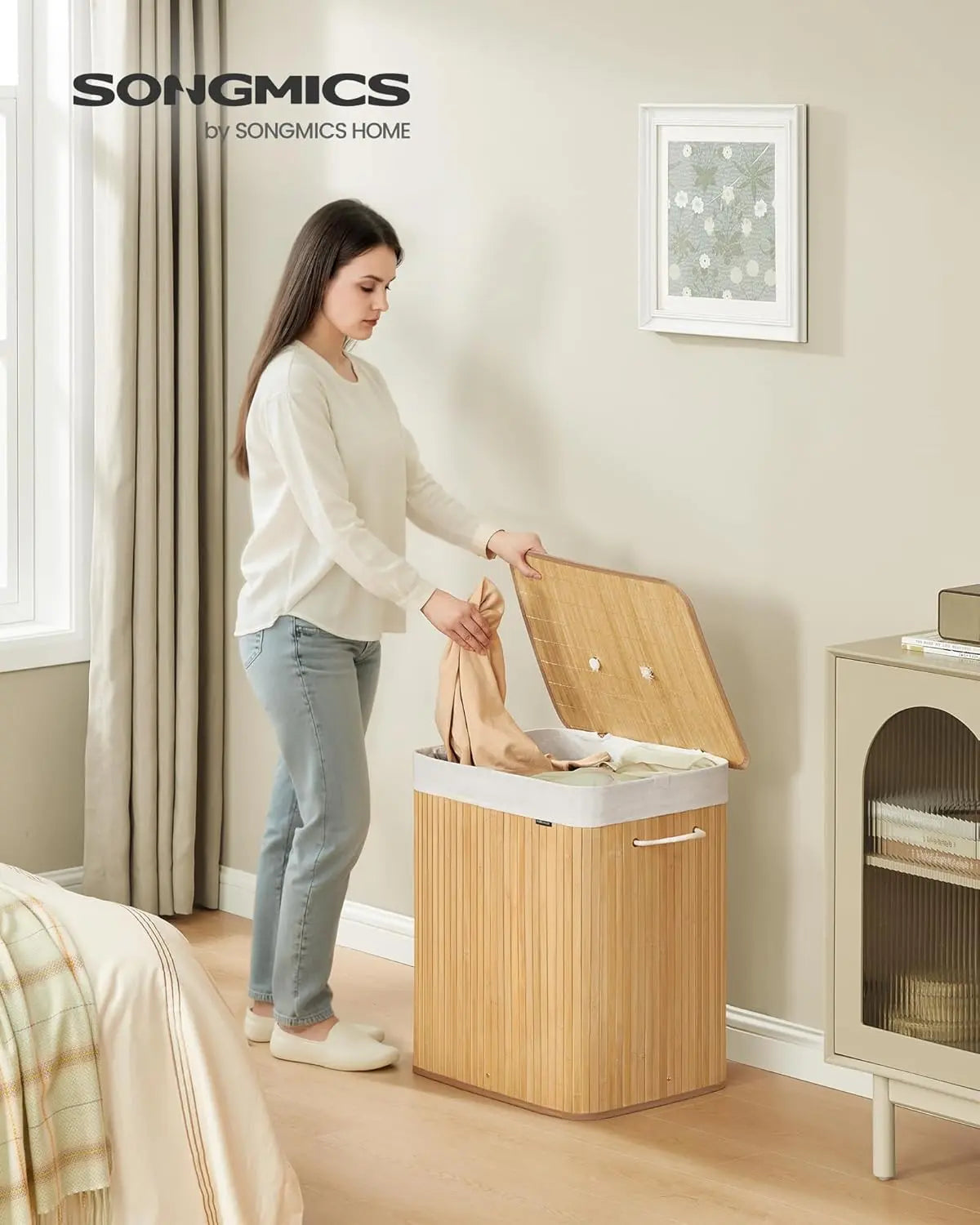 Bambus-Wäschekorb 120L 2-Fächer naturfarben von Songmics