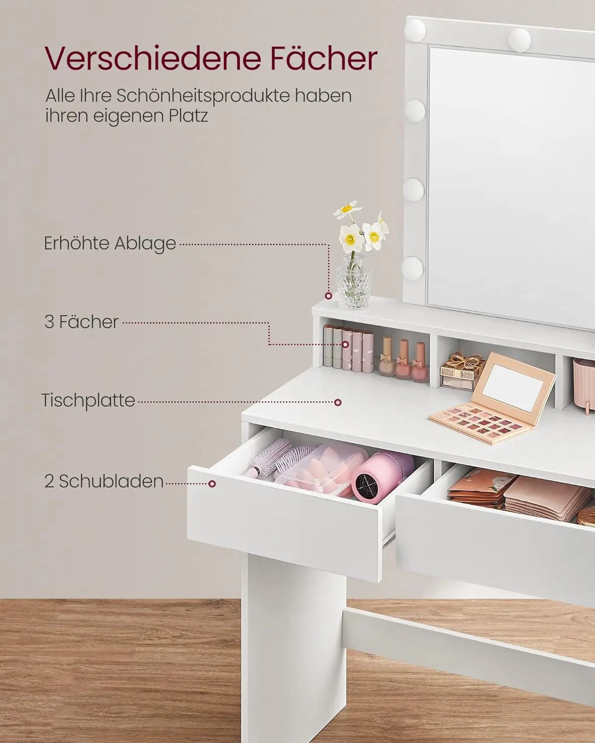 Schminktisch LED Spiegel Schubladen Fächer Weiss von Songmics