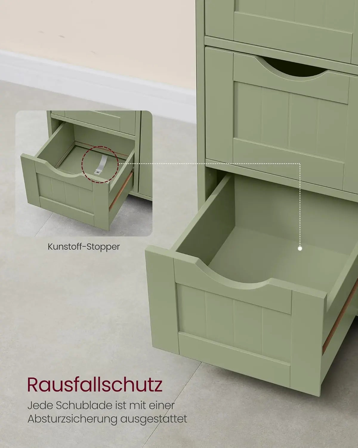 Badezimmerschrank schmal lorbeergrün 4 Schubladen von Songmics