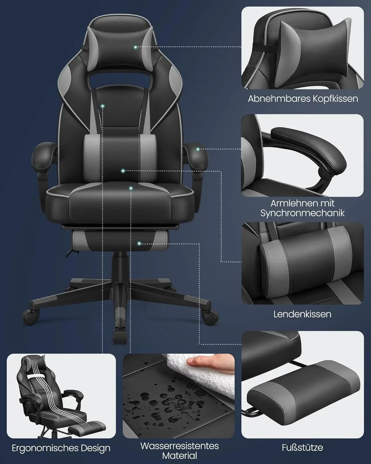 Bürostuhl Ergonomisch Höhenverstellbar Neigbar Tintenschwarz von Songmics