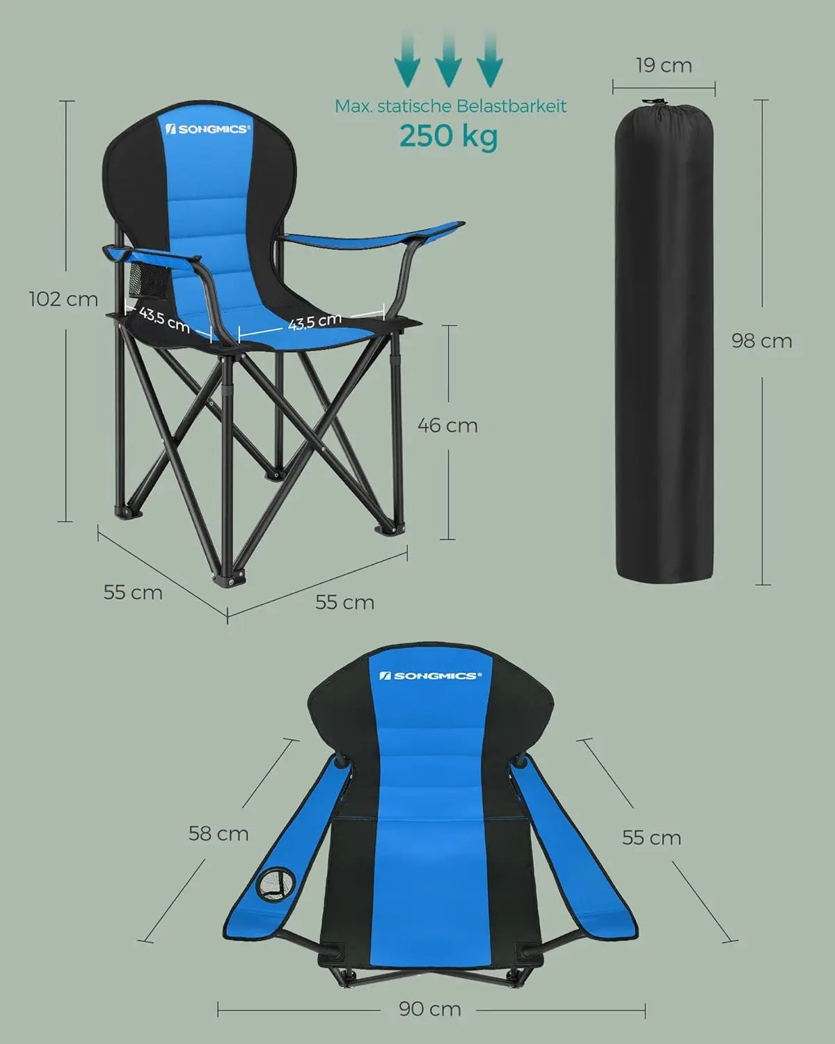 Campingstuhl faltbar gepolstert 250kg Schwarz von guteszeug.ch