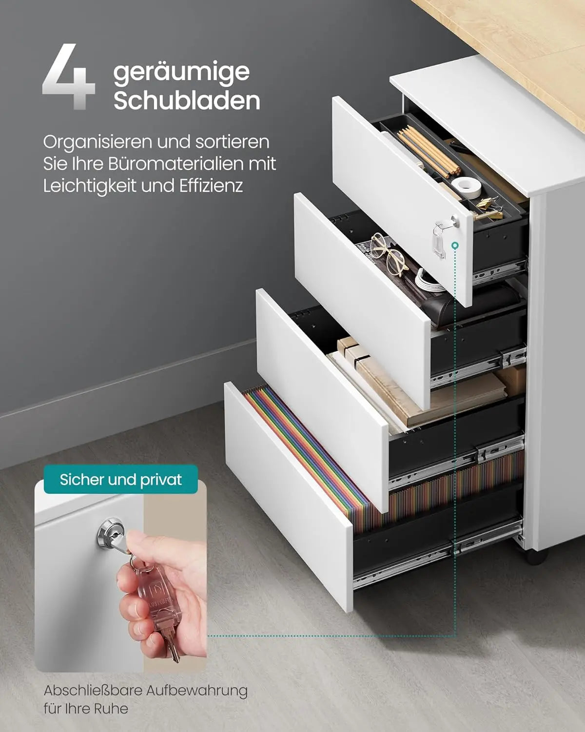 Rollcontainer Metall abschliessbar wolkenweiss 4 Schubladen von Songmics