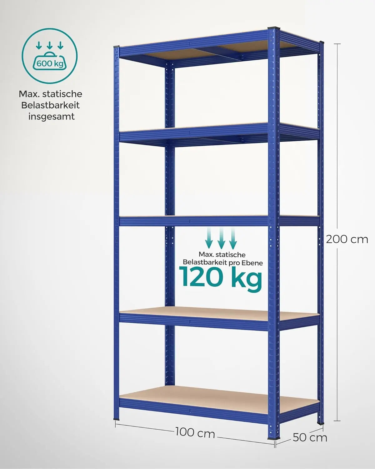 Regal Schwerlast 600kg Stahl 5 Ablagen Blau von Songmics