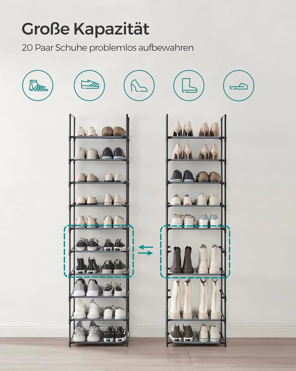 Schuhregal 10 Ebenen 45 cm breit grau Metall von Songmics