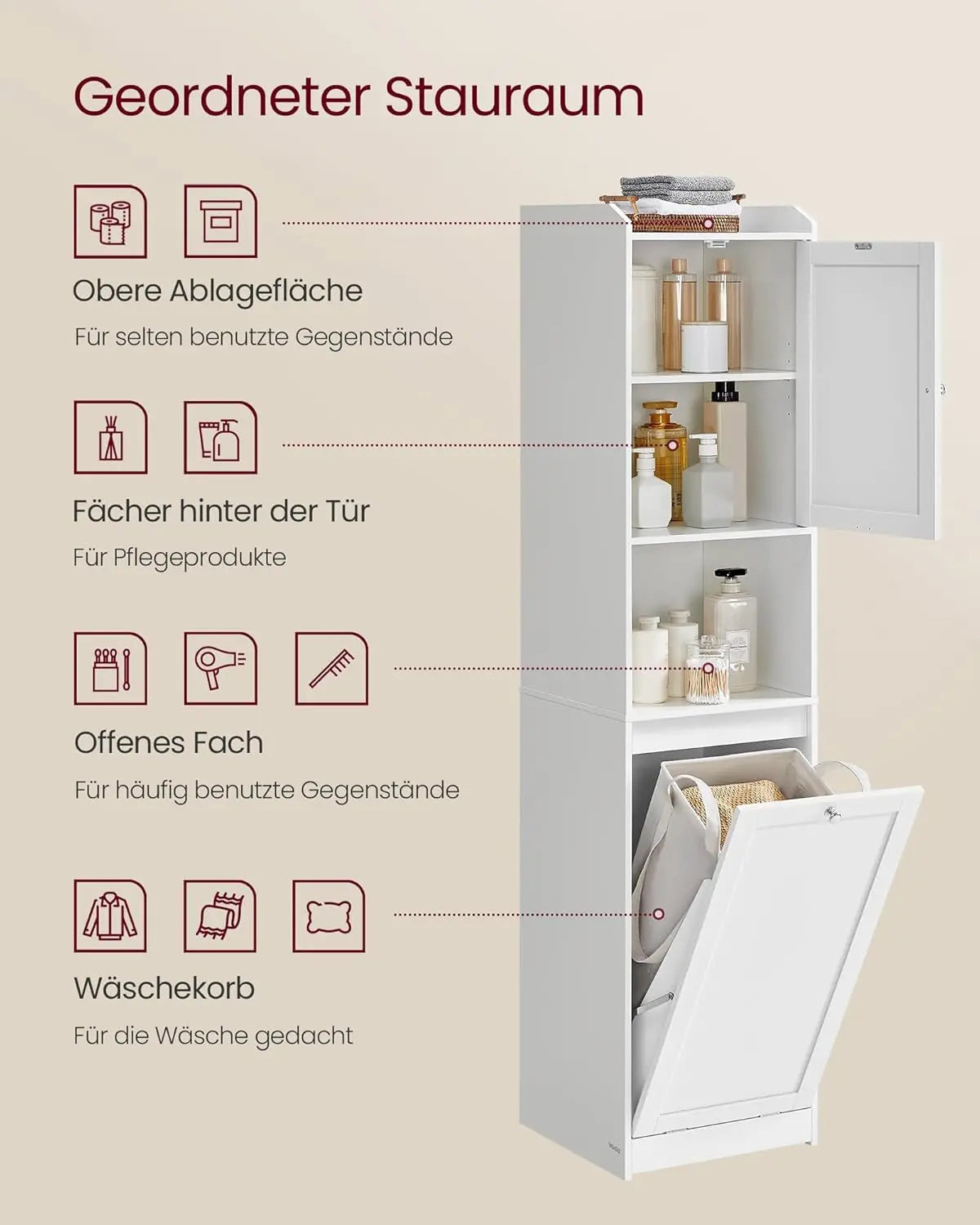 Badezimmerschrank Hoch Wäschekorb Tür Verstellbar Weiss von Songmics