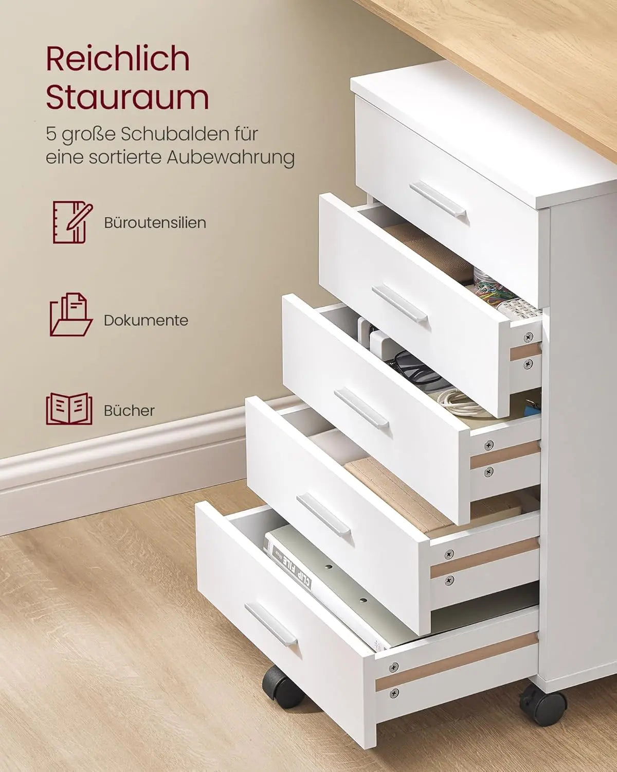 Rollcontainer 5 Schubladen weiss MDF von guteszeug.ch