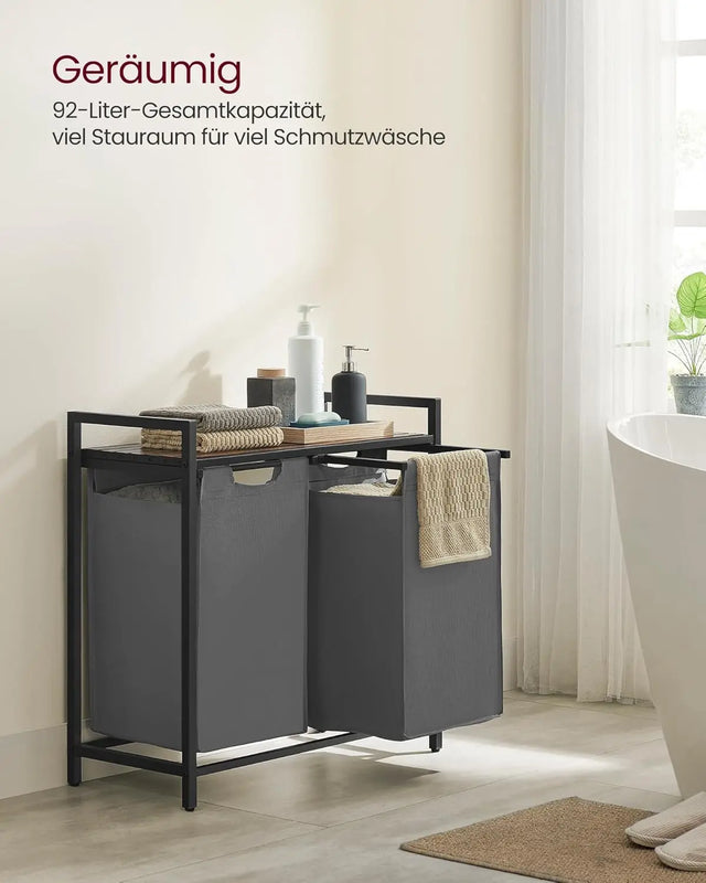 Wäschekorb mit 2 Fächern und Ablage, schiefergrau-vintagebraun von Songmics