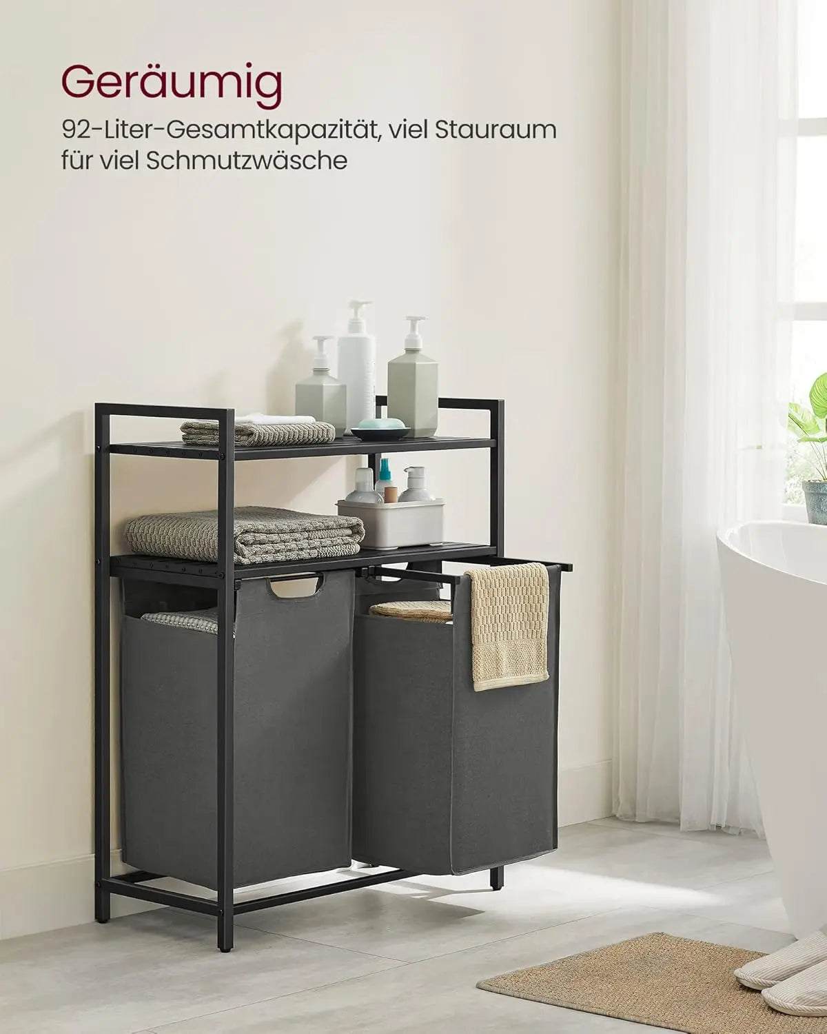 Wäschekorb mit 2 Fächern und 2 Ablagen, schwarz-grau von Songmics