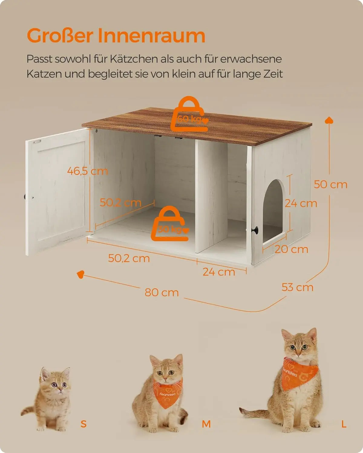 Katzenhaus Schrank Tisch herausnehmbar honigbraun vintageweiss von Songmics