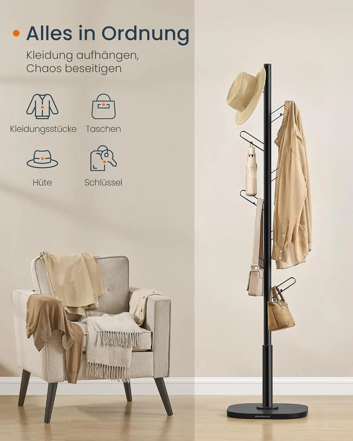 Garderobenständer Baumform mit 8 Haken Schwarz von Songmics