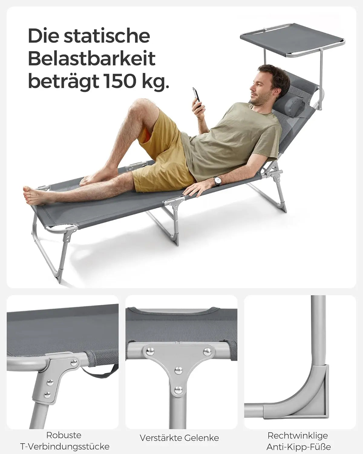 Sonnenliege klappbar 150kg dunkelgrau Stahl von Songmics