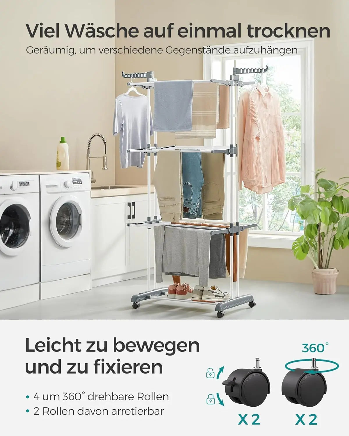 Wäscheständer klappbar mit Rollen weiss von Songmics