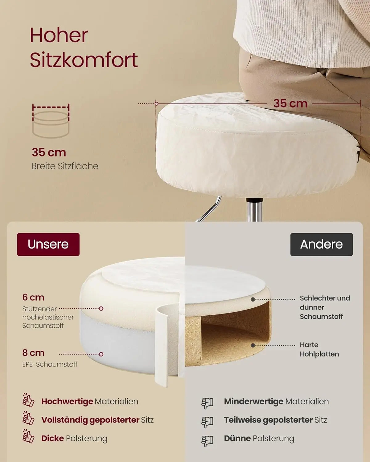 Schminkhocker höhenverstellbar drehbar cremeweiss PU von guteszeug.ch