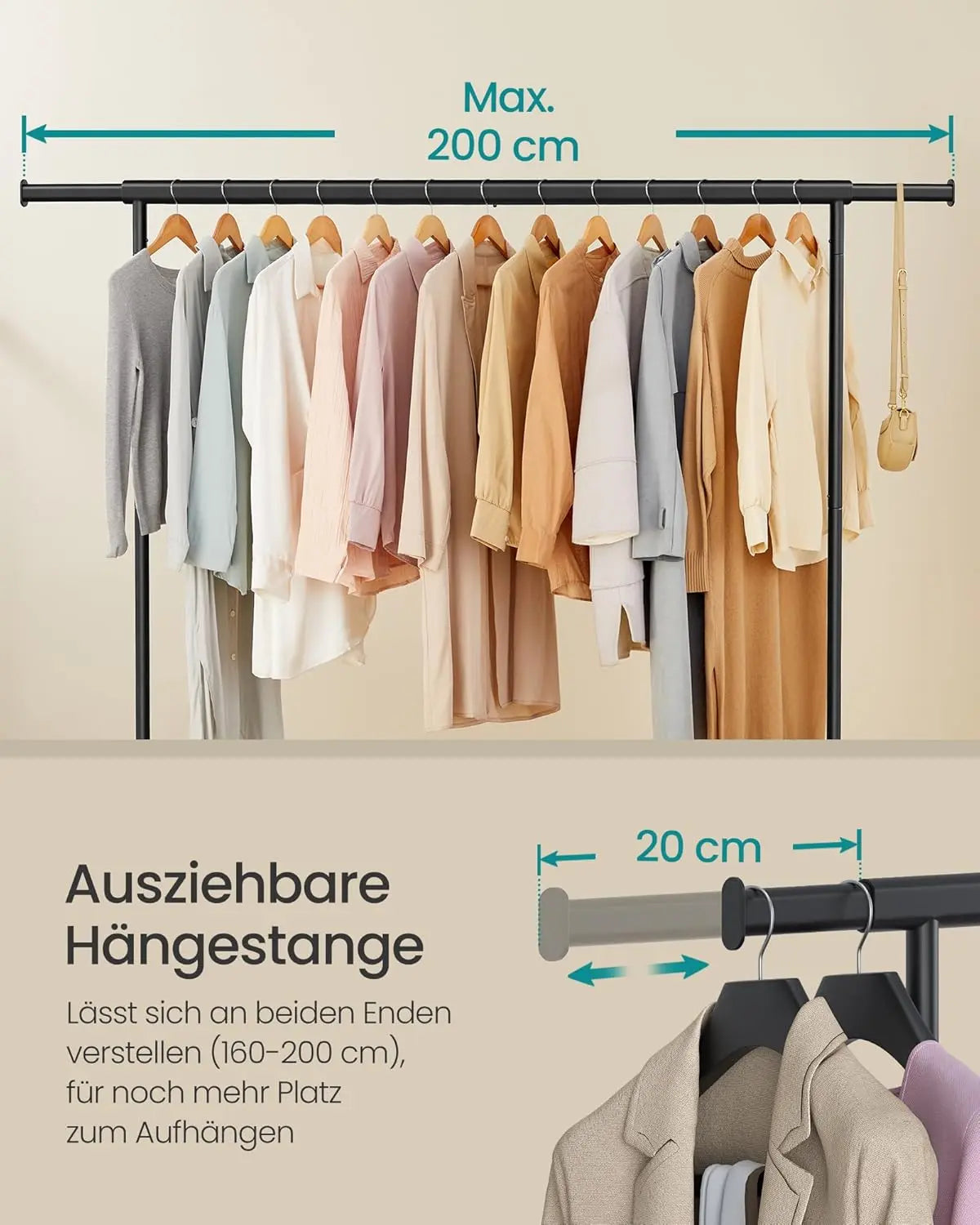 Kleiderständer rollbar ausziehbar mattschwarz Metall von Songmics