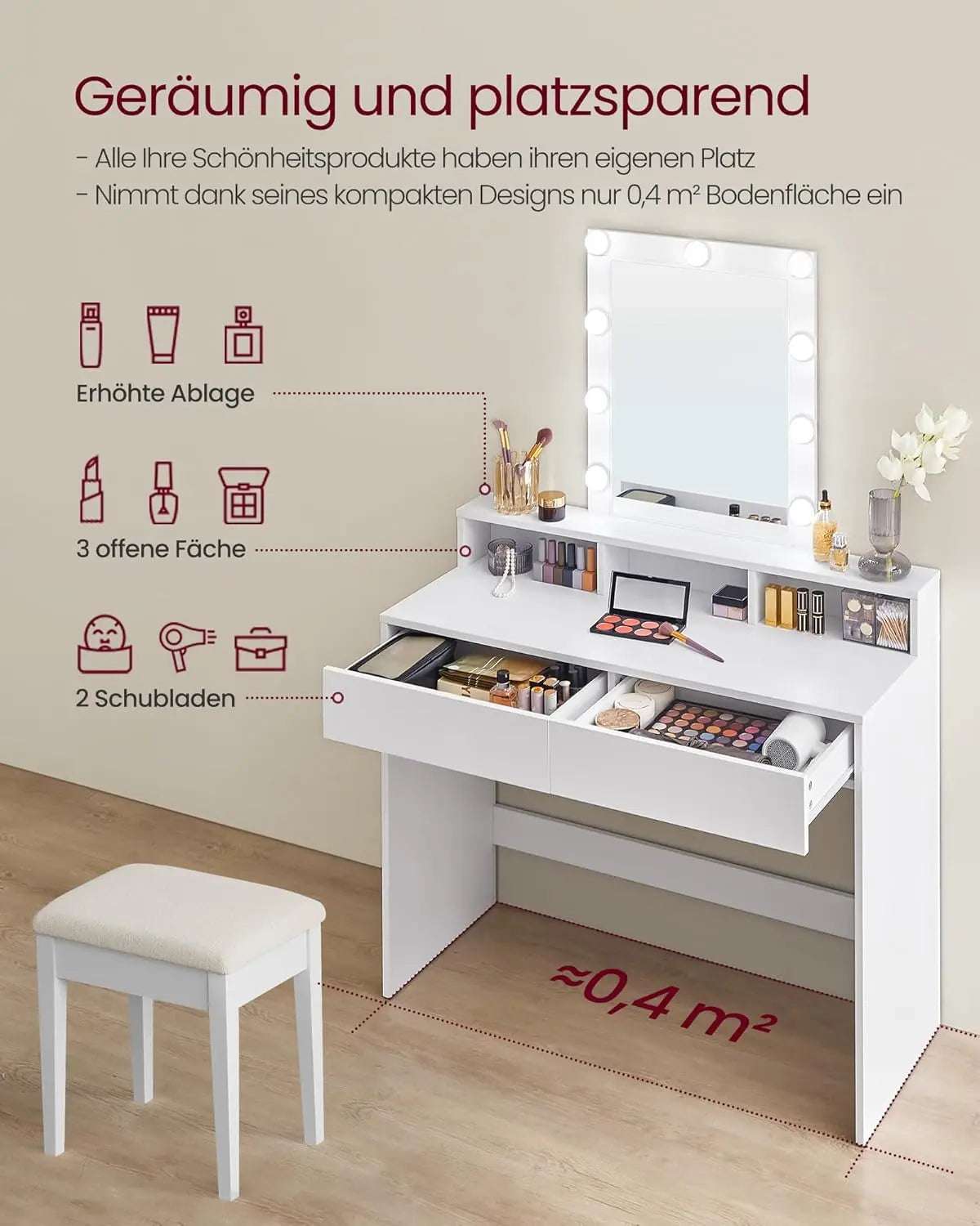Schminktisch LED Beleuchtung Spiegel Schubladen, 100 x 40 x 145 cm, Weiss von Songmics