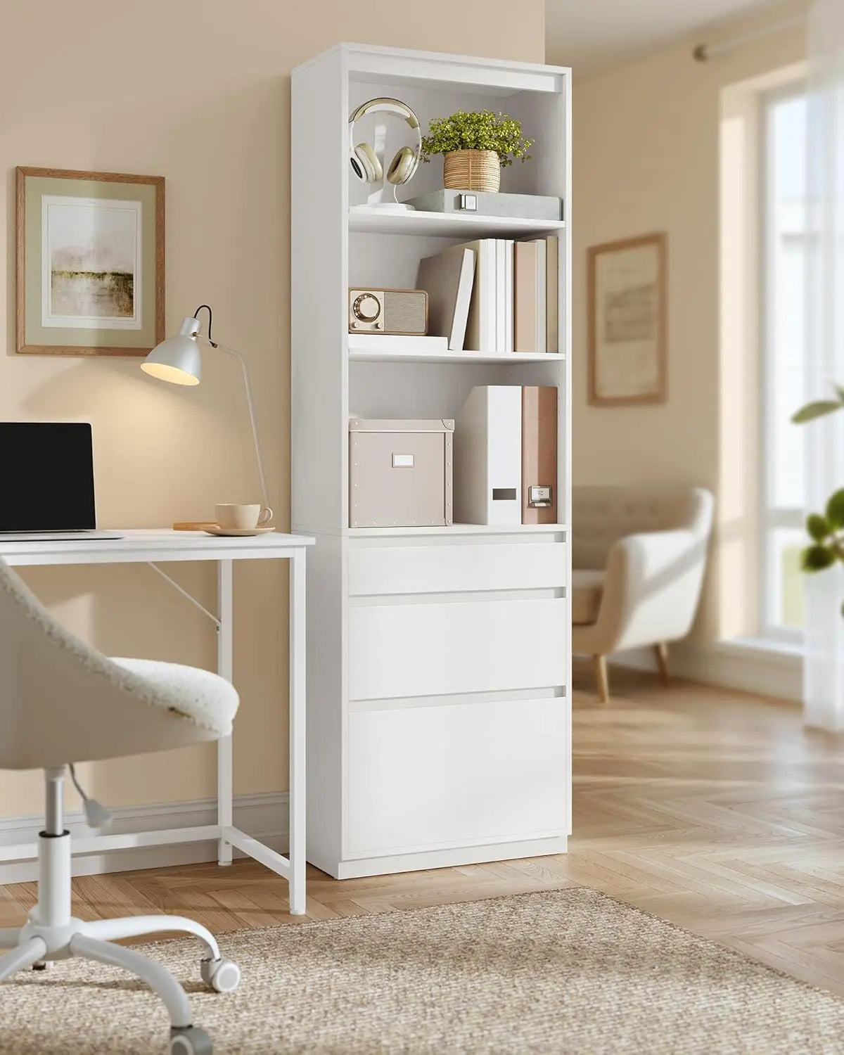 Hochschrank Bücherregal weiss 3 Schubladen Holz von Songmics