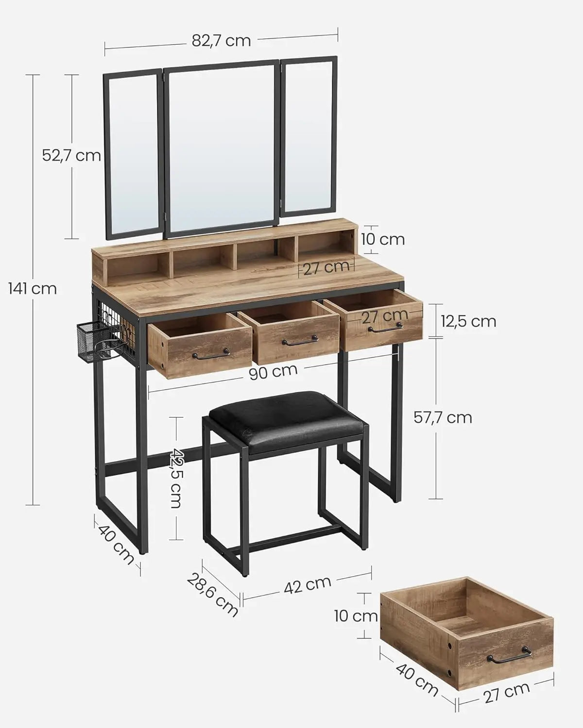 Schminktisch Spiegel Schubladen Hocker Eichenbraun Schwarz von Songmics