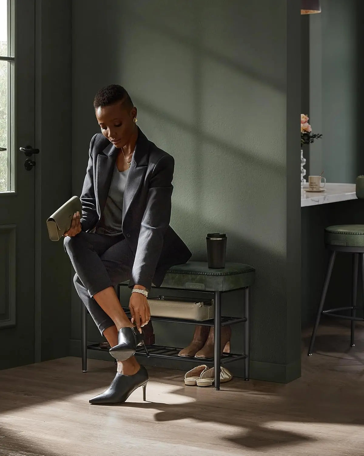Schuhbank Kunstleder MidCentury Modern Waldgrün von Songmics