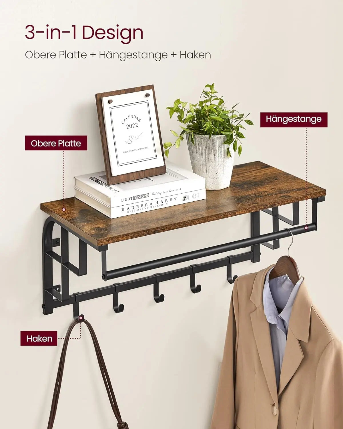 Wandgarderobe mit Aufbewahrungsregal 66cm rustikal Braun von Songmics