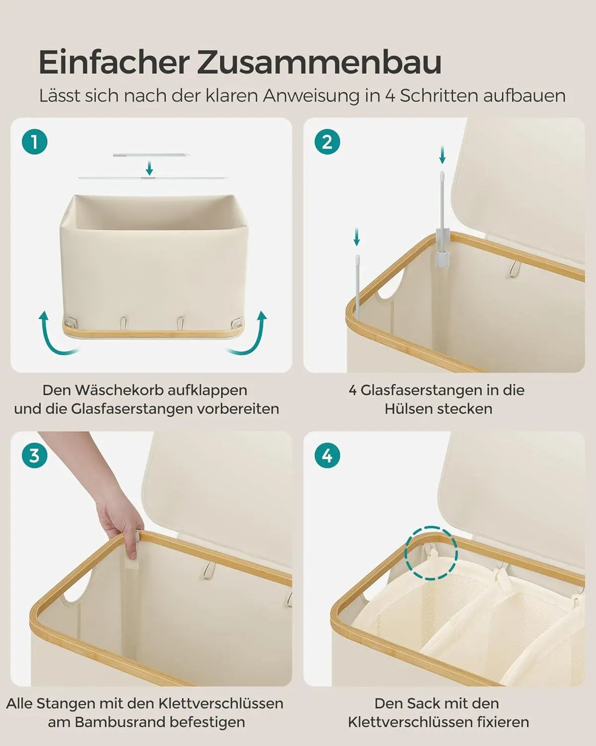 Wäschekorb mit Deckel 3 Fächer Cremeweiss von Songmics