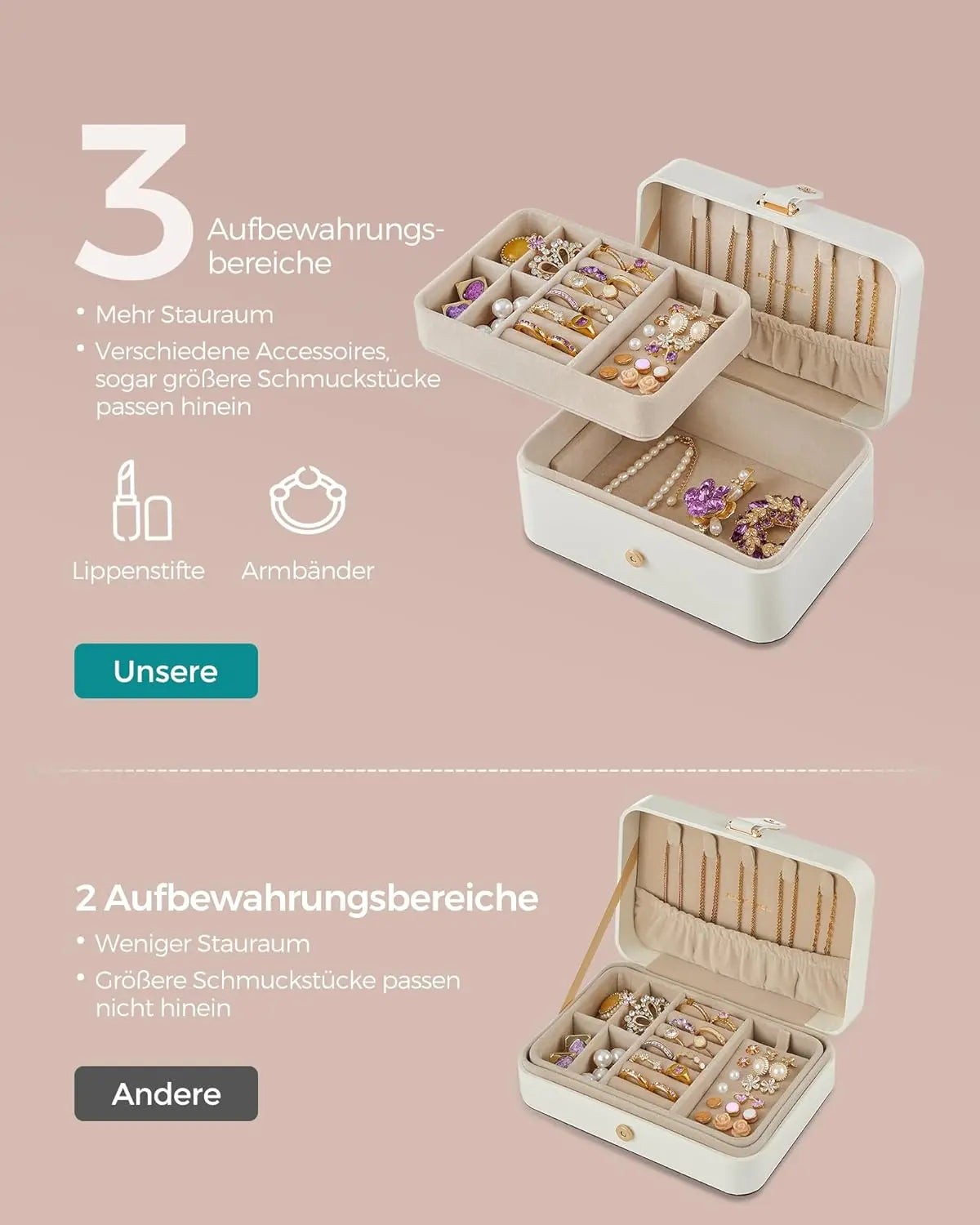 Schmuckkästchen Reise 2-Ebenen weiss tragbar von Songmics