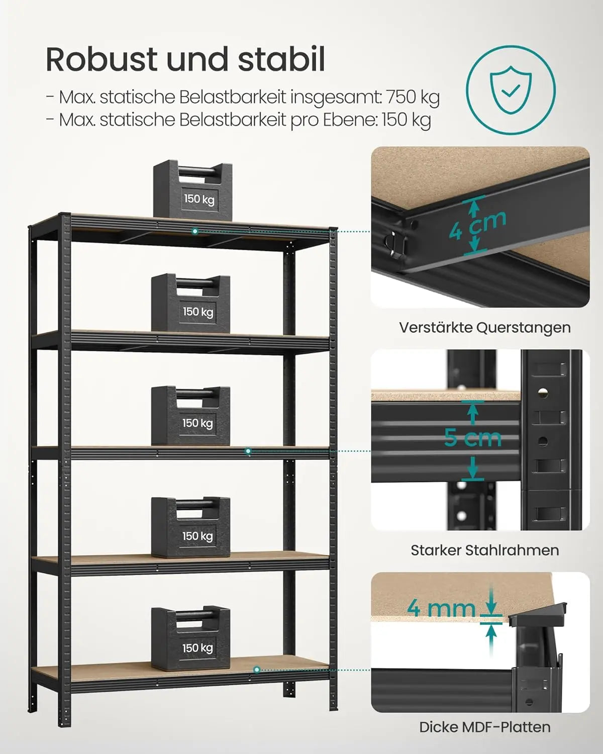 Schwerlastregal 750kg Stahl schwarz verstellbar von Songmics