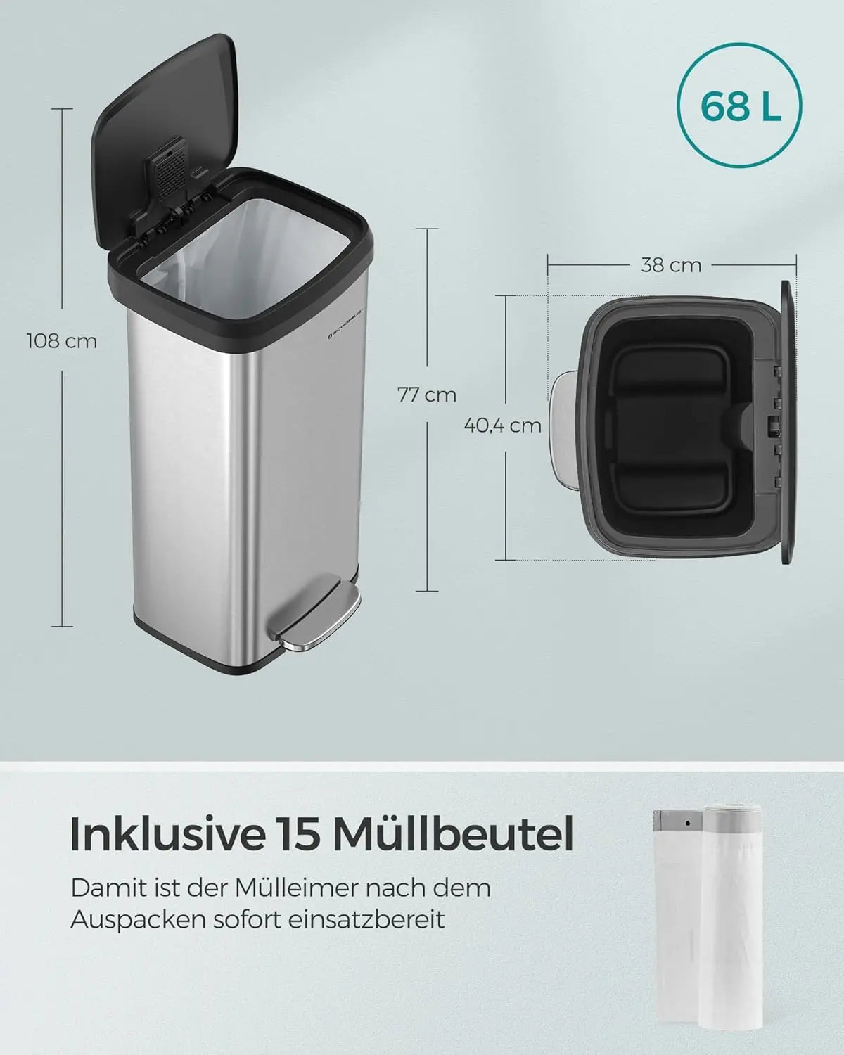 Abfalleimer 68L Pedal Silber Metall von Songmics
