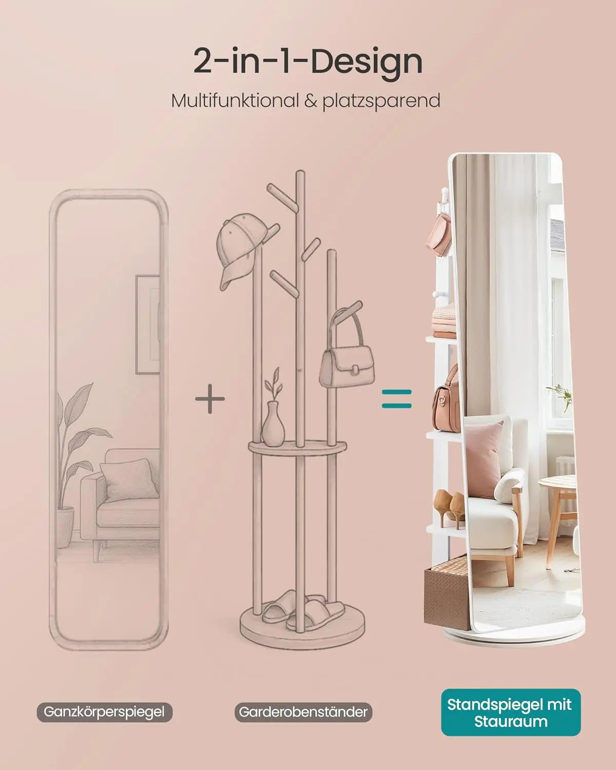 Standspiegel drehbar 163cm weiss Hartglas von Songmics