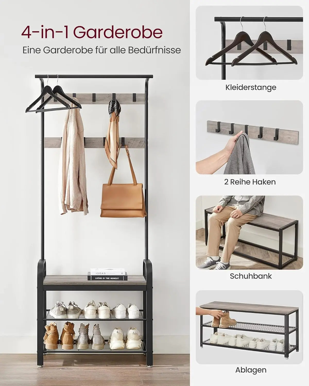 Garderobenständer mit Schuhbank Industrie-Design Greige von Songmics