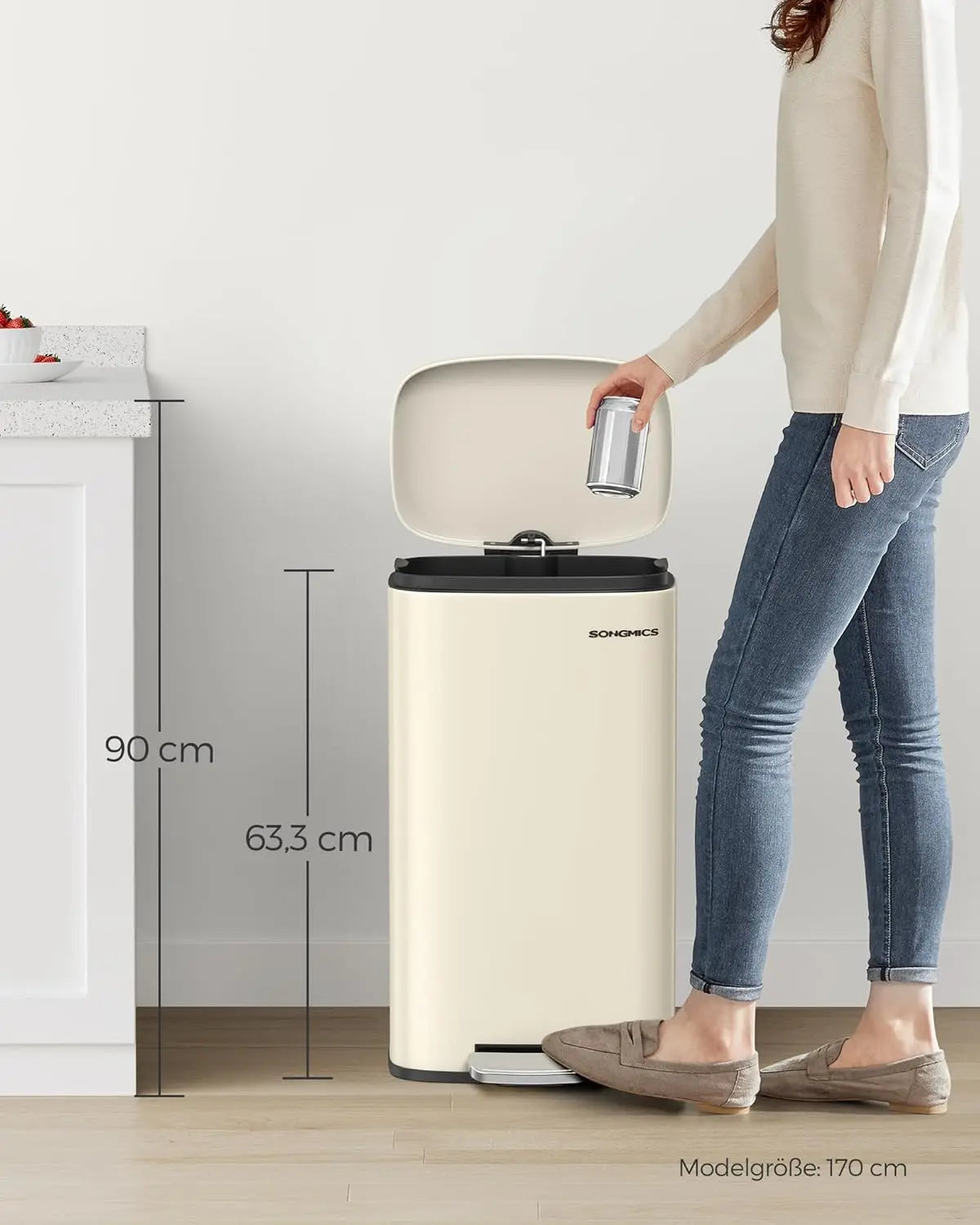 Treteimer 30L Softclose sandbeige Stahl von Songmics