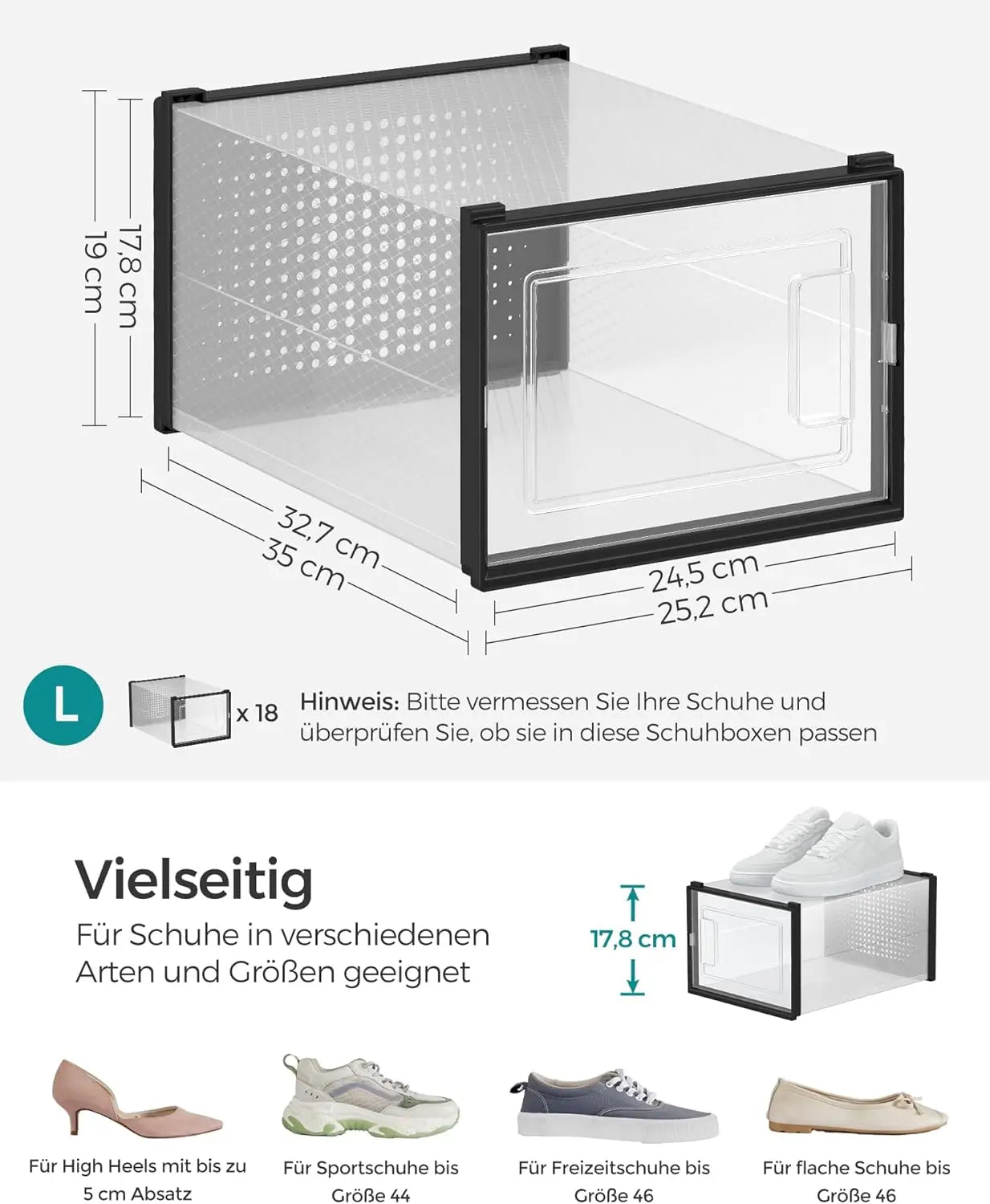 Schuhboxen stapelbar transparent-schwarz Kunststoff 18er-Set von Songmics