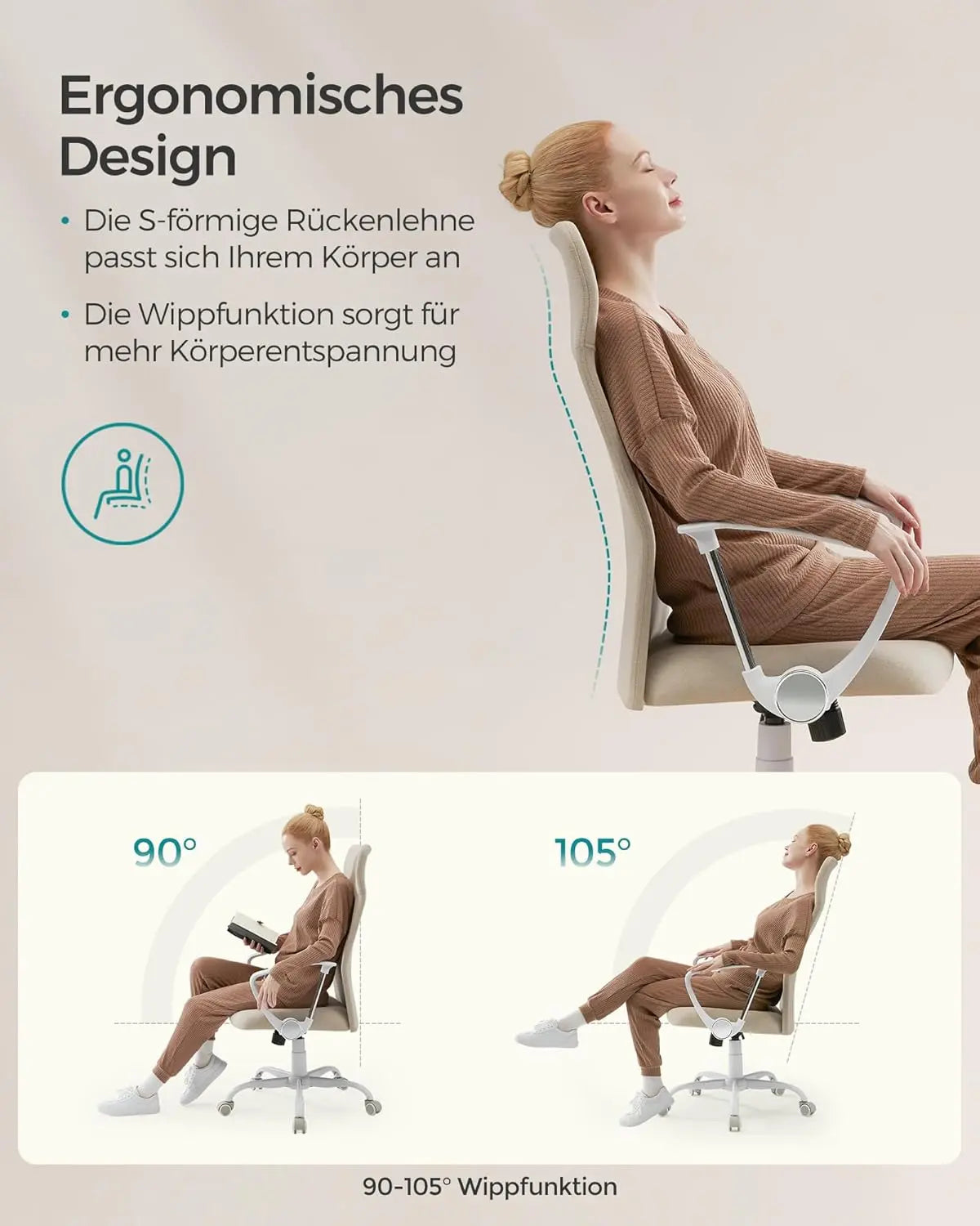 Bürostuhl ergonomisch höhenverstellbar gepolstert cappuccinobeige von Songmics