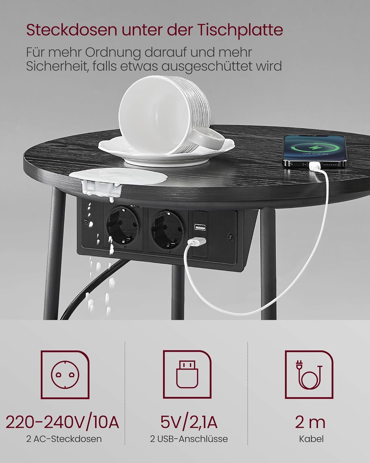 Beistelltisch mit Steckdose, Stauraum, schiefergrau von Songmics