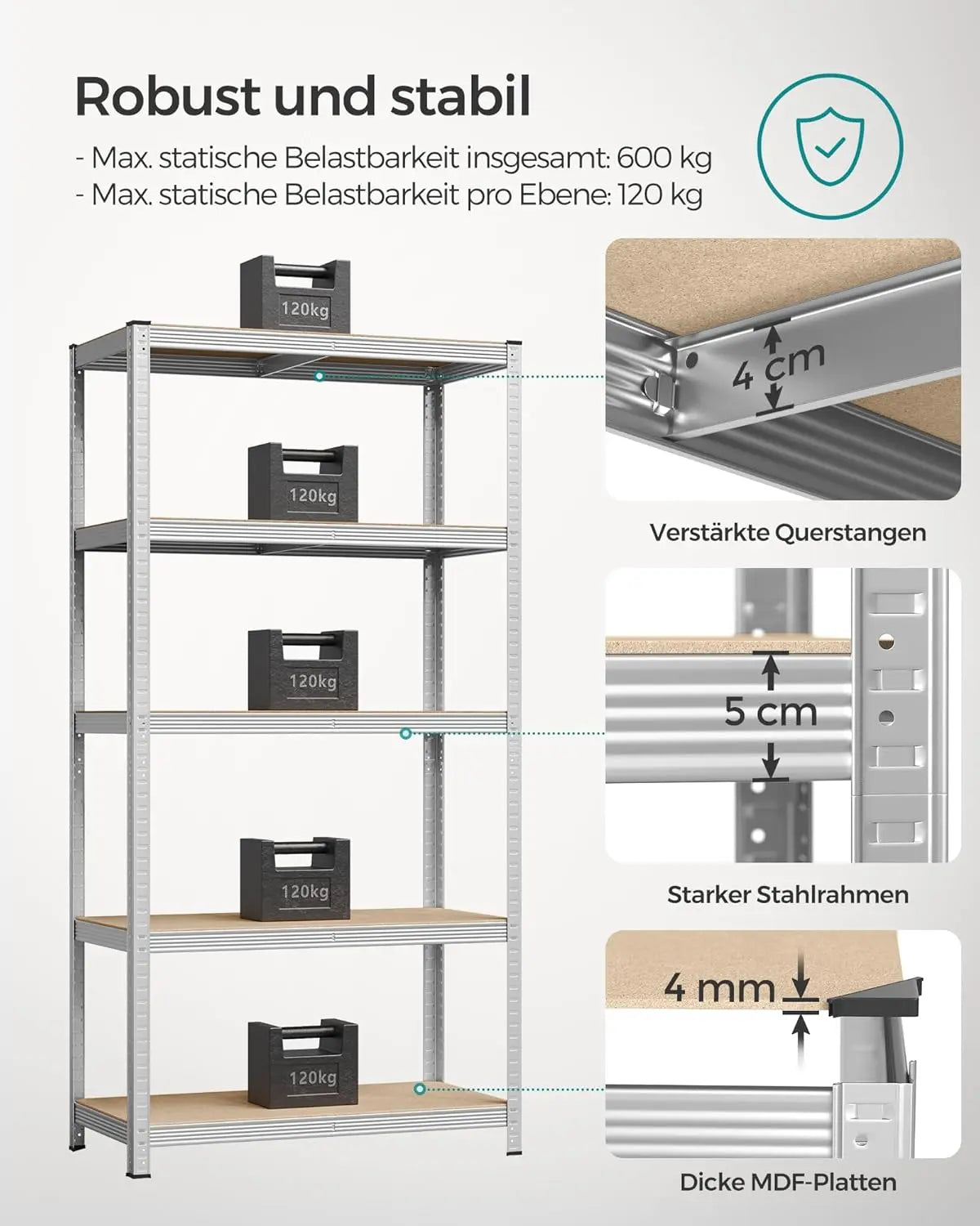Schwerlastregal Stahlgestell 5 Ablagen Silber von Songmics