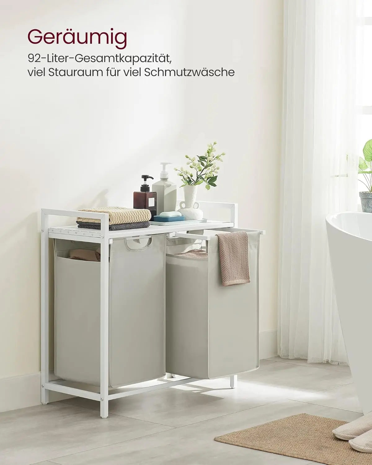 Wäschekorb mit 2 Fächern und Ablage, cremeweiss-mattweiss von Songmics
