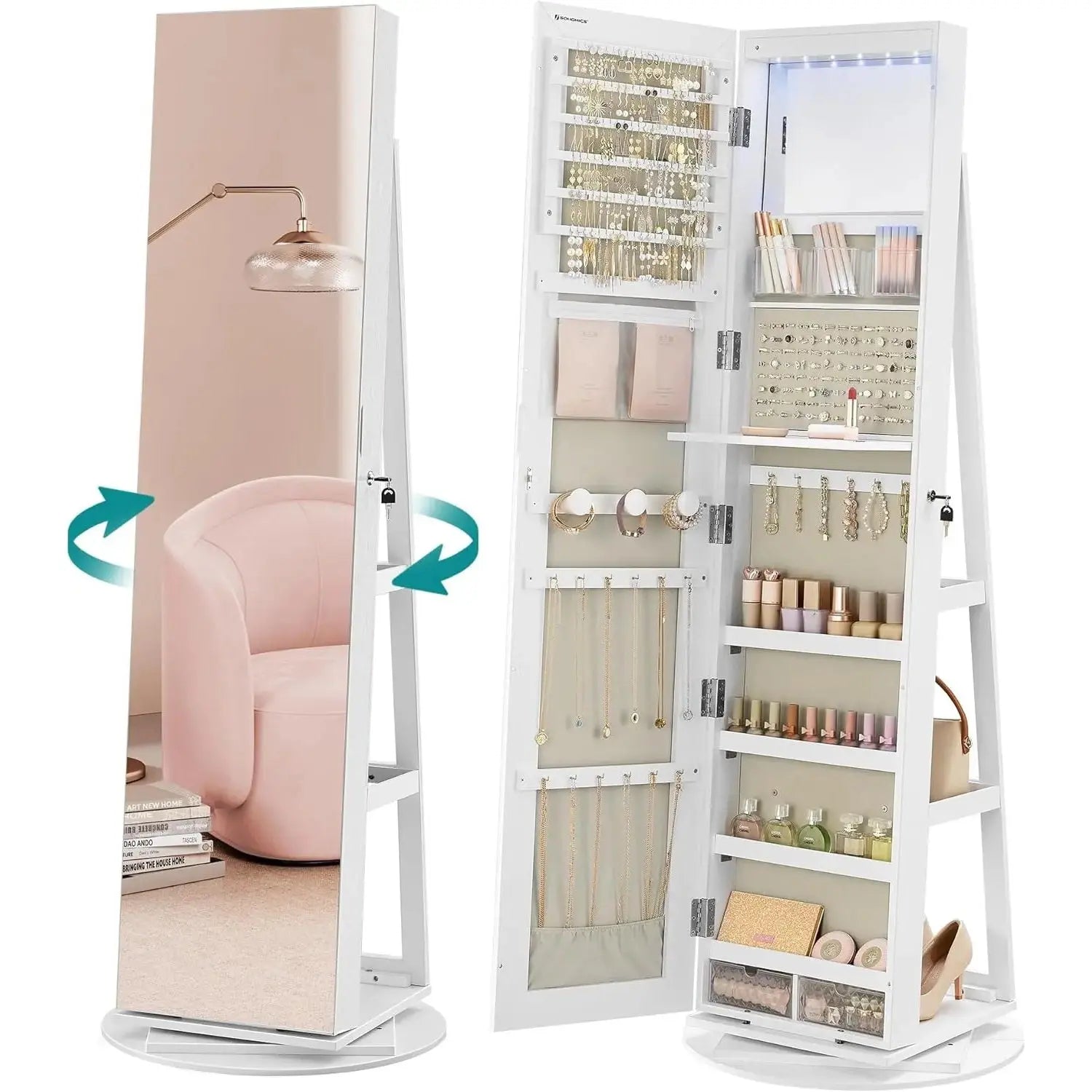 Schmuckschrank drehbar Spiegel weiss Holz von Songmics