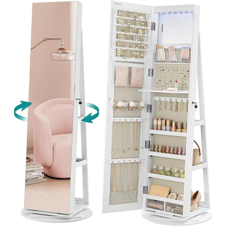 Schmuckschrank drehbar Spiegel weiss Holz von Songmics