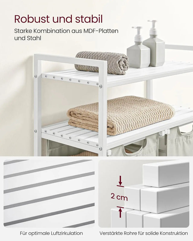 Wäschekorb mit 2 Fächern und 2 Ablagen, ausziehbar, weiss von Songmics