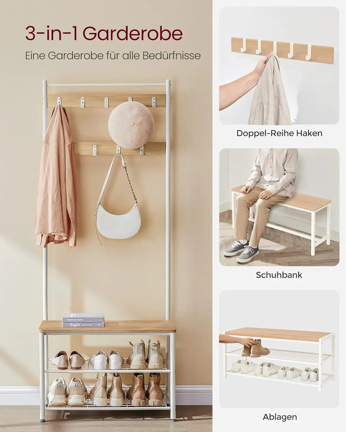 Garderobenständer mit Schuhregal Eiche Metall von Songmics