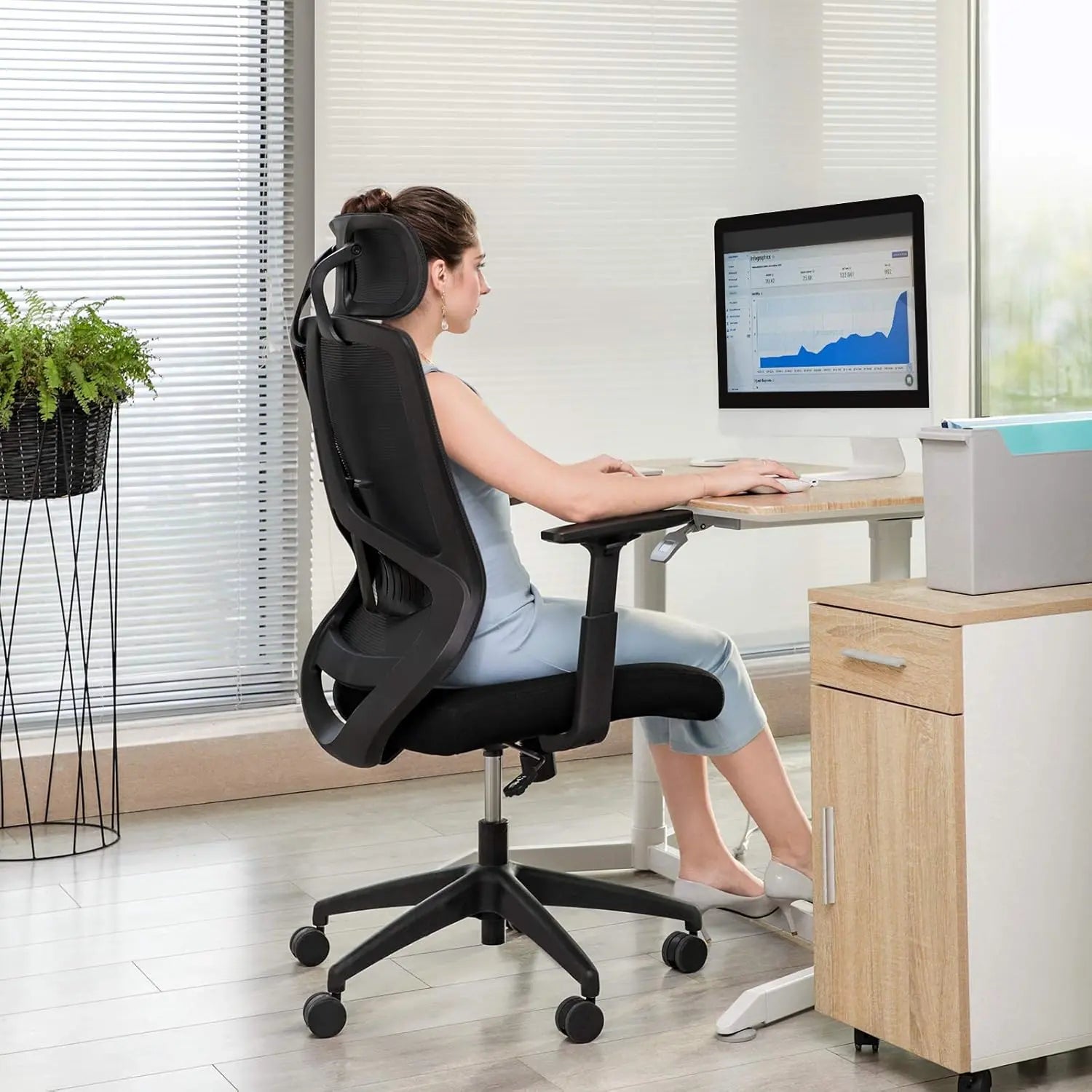 Bürostuhl Ergonomisch Verstellbar Lendenwirbelstütze Kopfstütze Schwarz von Songmics