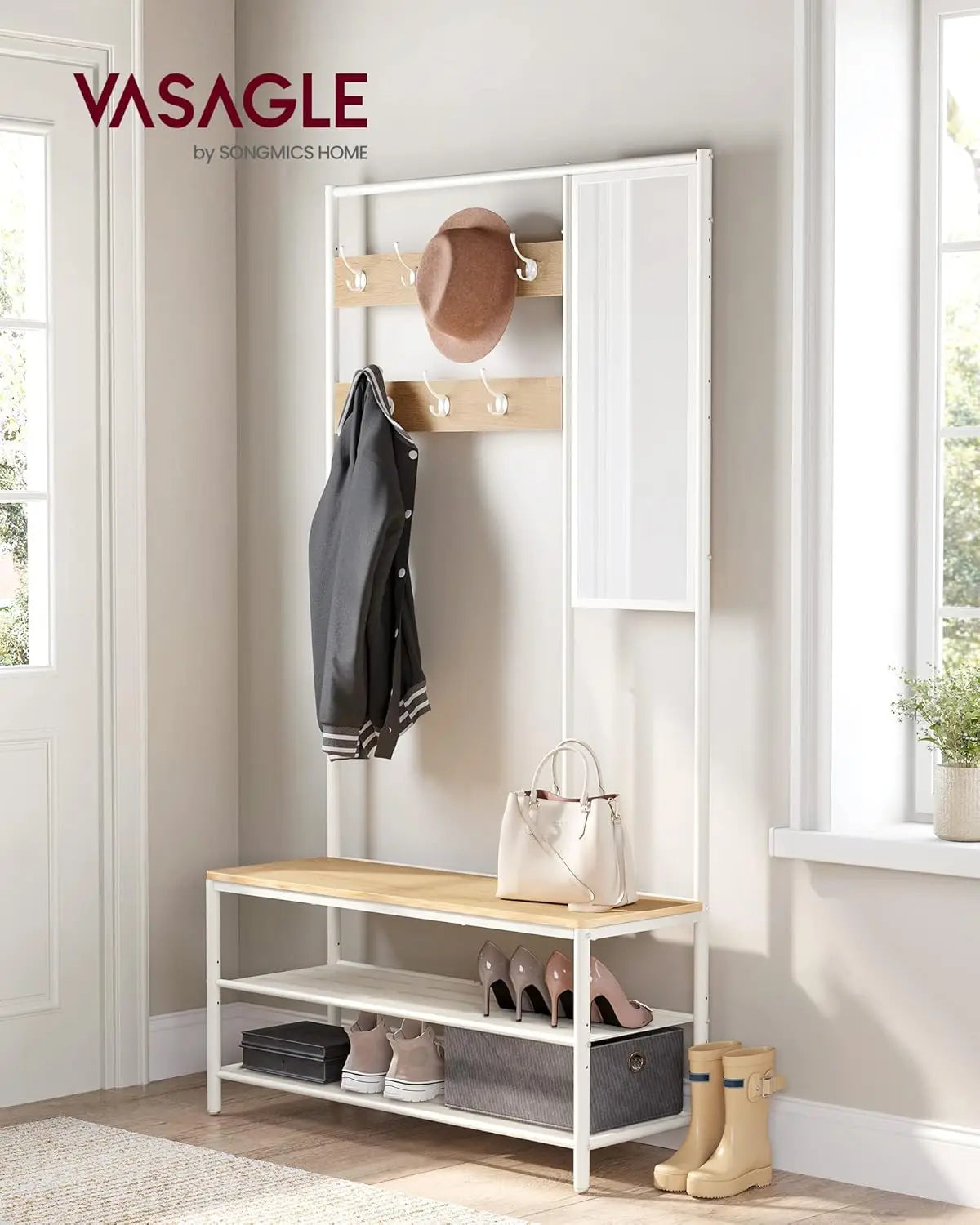 Kleiderständer Garderobe mit Spiegel Sitzbank Eiche Weiss von Songmics