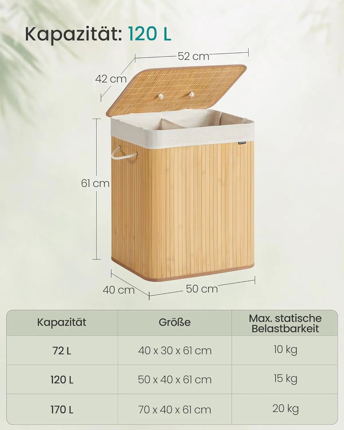Bambus-Wäschekorb 120L 2-Fächer naturfarben von Songmics