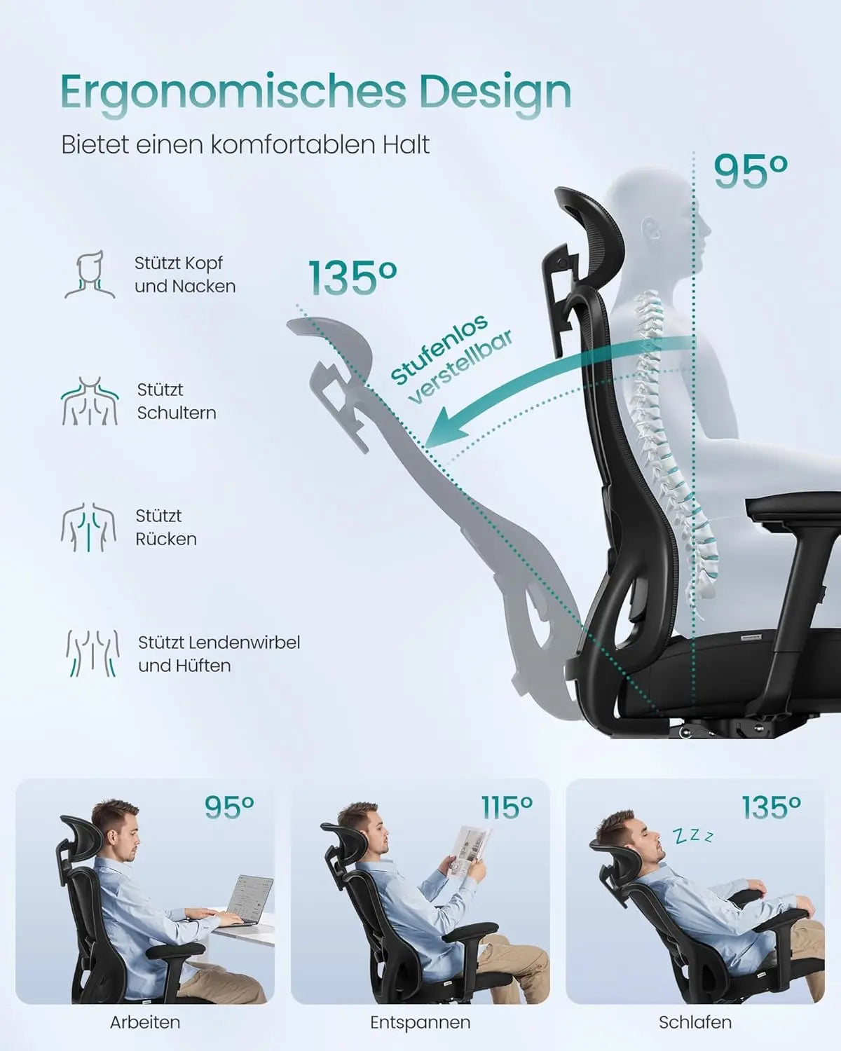 Bürostuhl ergonomisch verstellbar schwarz Netz von Songmics