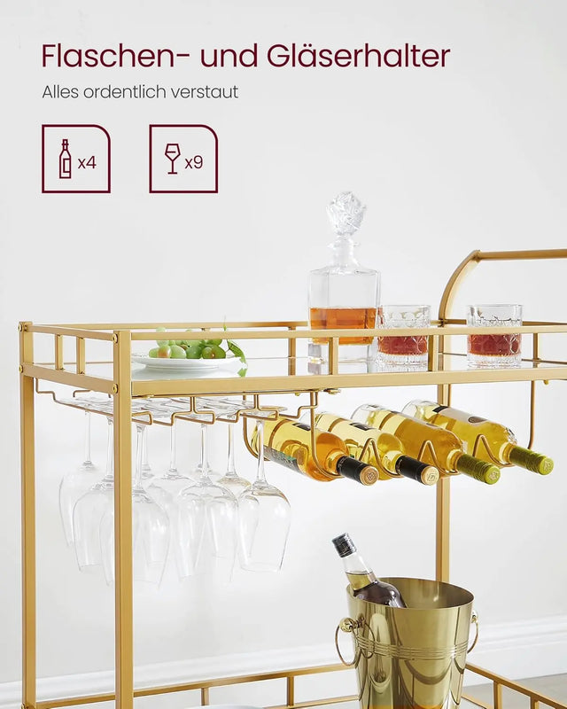 Servierwagen mit Gläserhalter und Glasablagen goldfarben von Songmics