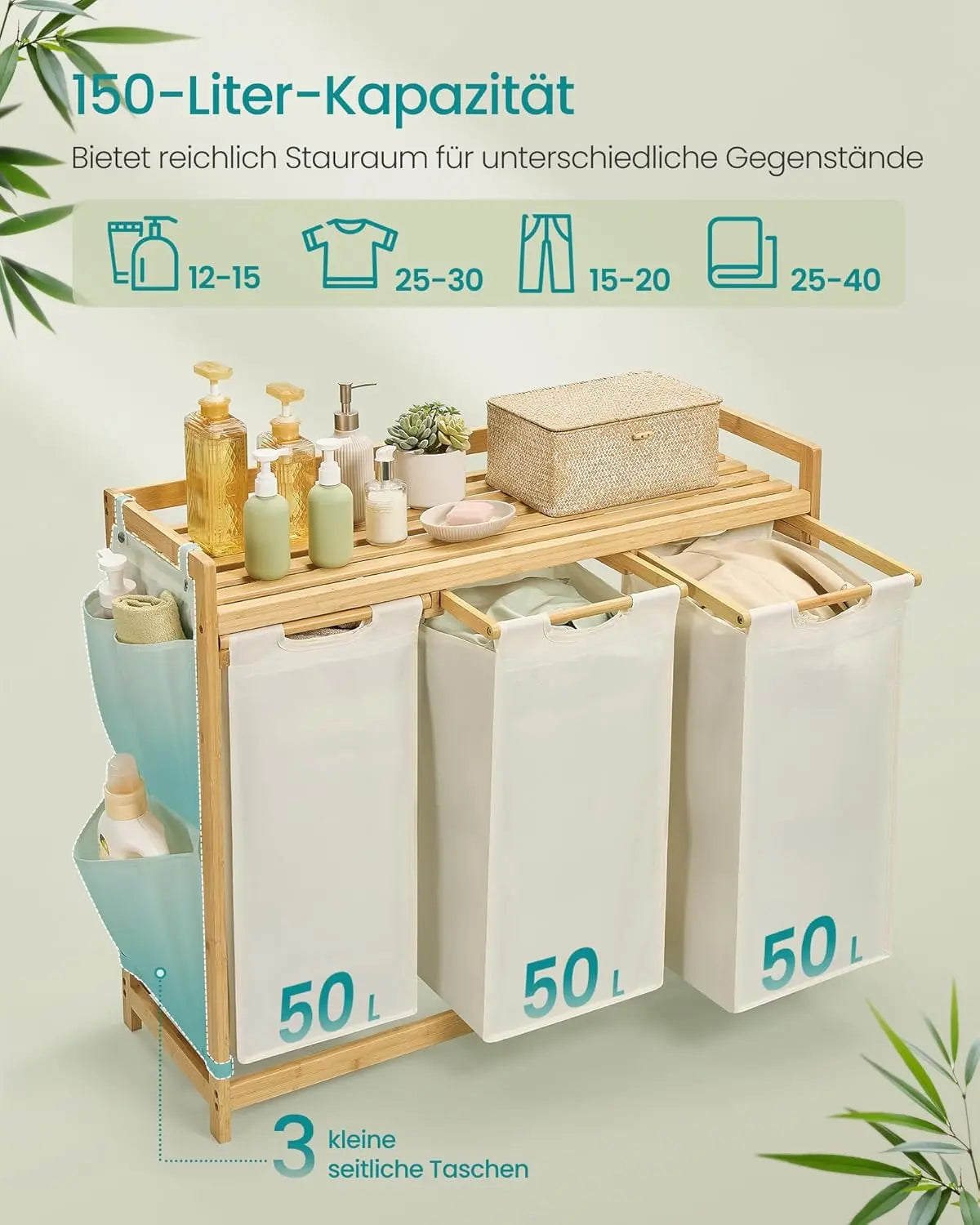 Wäschekorb Bambus 3 Fächer Cremeweiss von Songmics
