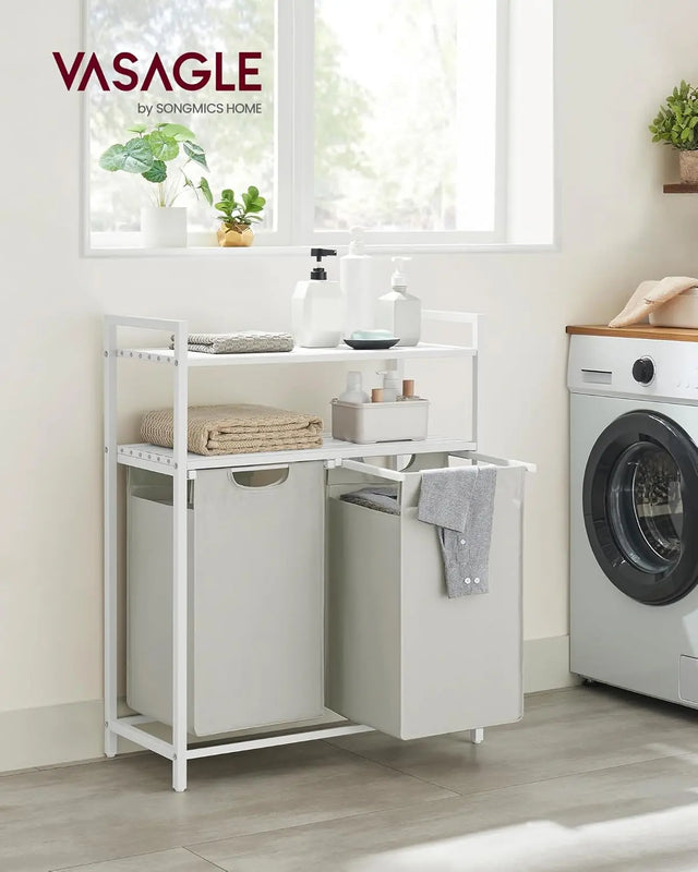 Wäschekorb mit 2 Fächern und 2 Ablagen, ausziehbar, weiss von Songmics