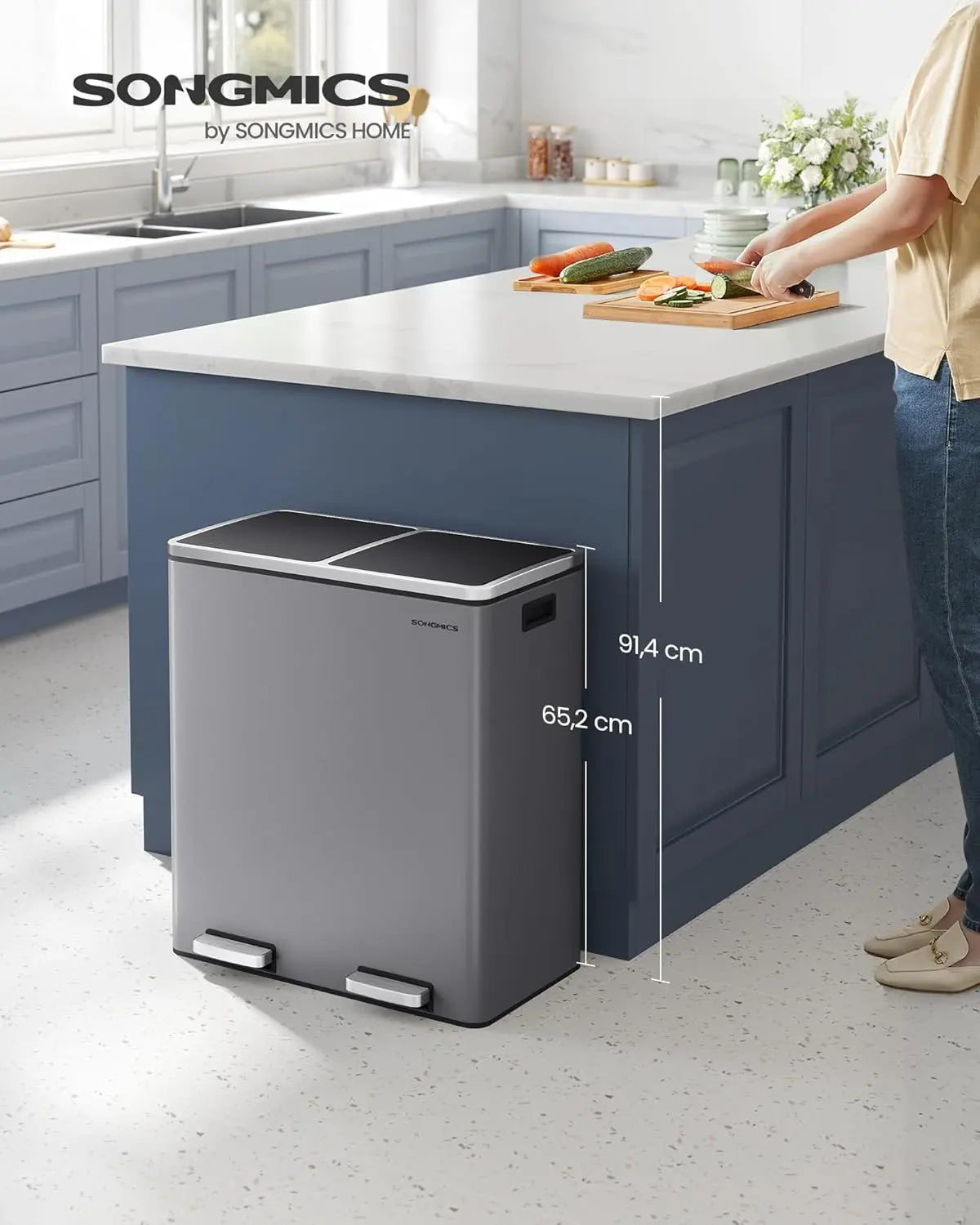 Treteimer 60L Mülltrennsystem Schiefergrau Metall von Songmics