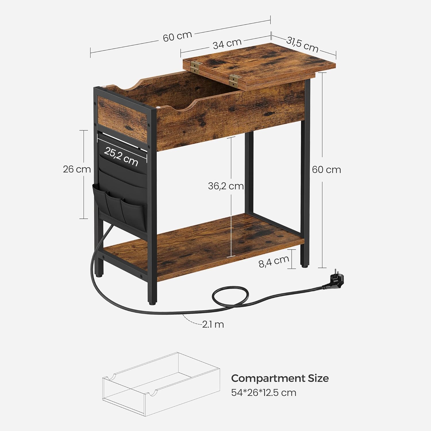 Beistelltisch mit Steckdose USB vintagebraun-schwarz von Songmics
