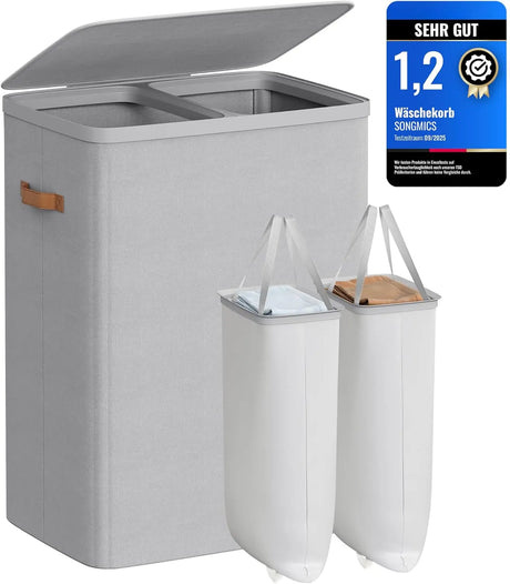 Wäschekorb 170L 2 Fächer Leicht Taubengrau von Songmics