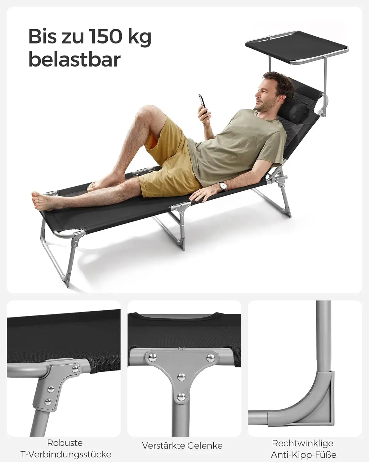 Sonnenliege klappbar 150kg schwarz Stahl von Songmics